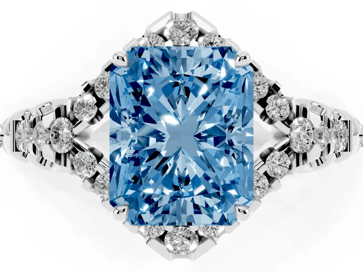 Fancy Blue Radiant Cut Diamond Solitaire Ring with Hidden Halo and Pavé Band White gold