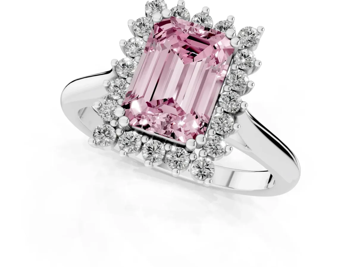 Fancy Pink Emerald Cut Cut Diamond Halo Ring with Solitaire Band and Prong Setting Platinum