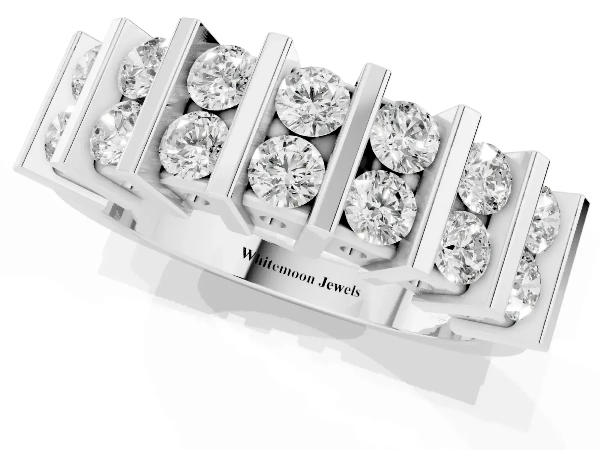 Channel Set Round Diamond Step Band with Bar Prong Setting Silver