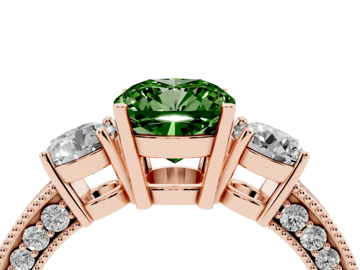 Fancy Green Cushion Cut Three-Stone Diamond Ring with Pavé Band and Four-Prong Setting Rose gold