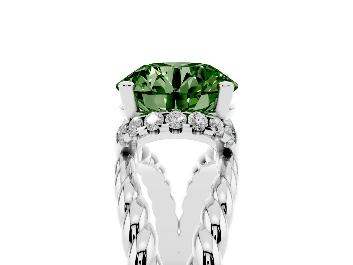 Fancy Green Round Cut Halo Twisted Band Four-Prong Ring Silver