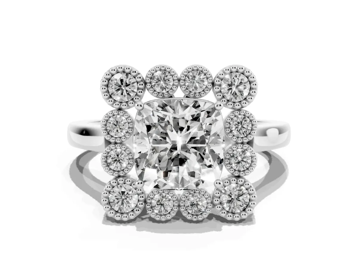 Cushion Cut Halo Diamond Cluster Engagement Ring with Milgrain Bezel Setting and Solitaire Band Platinum