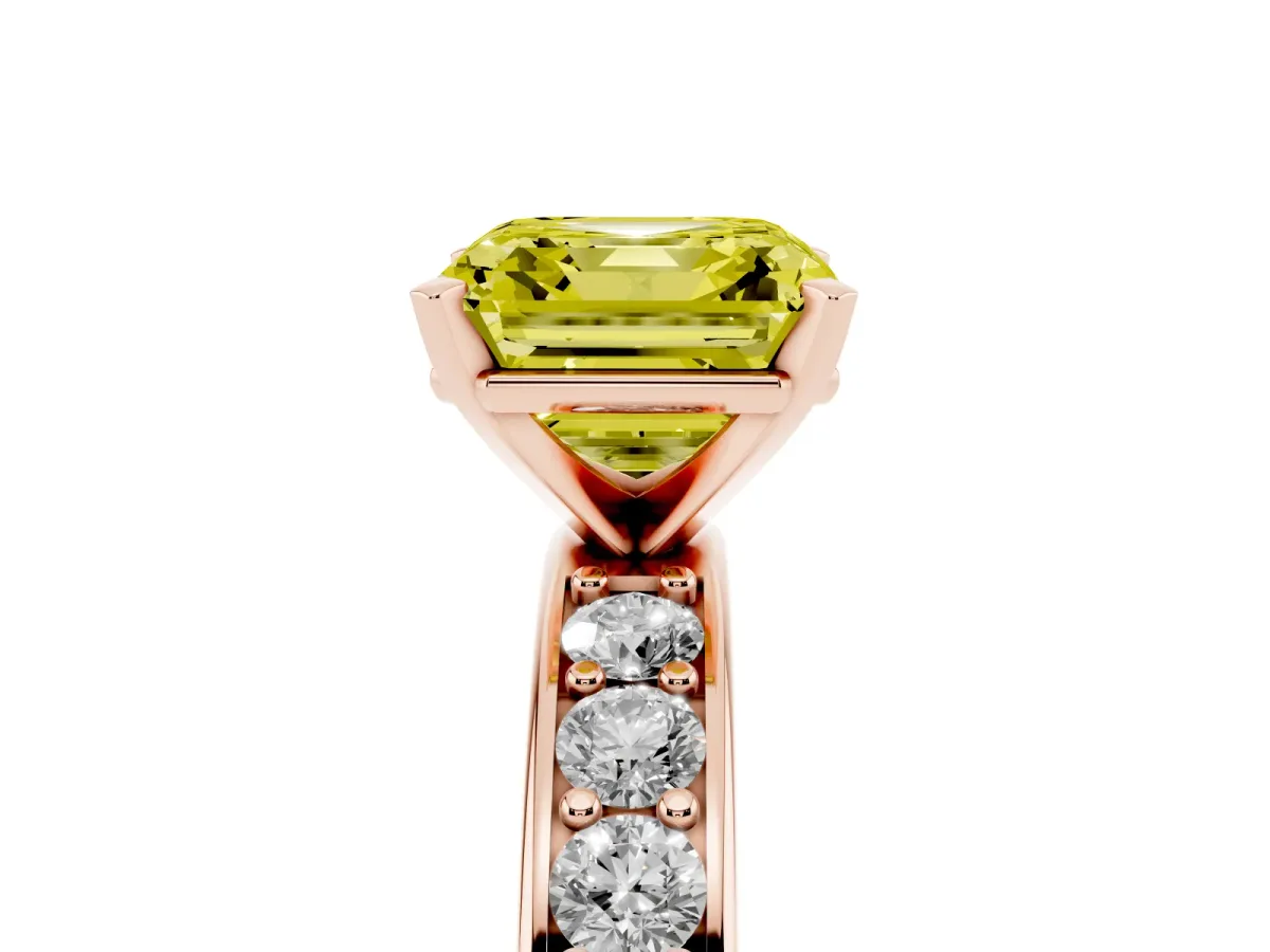 Fancy Yellow Asscher Cut Diamond Engagement Ring with Channel Set Round Band and Prong Setting Rose gold