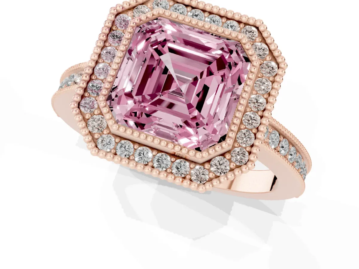 Fancy Pink Asscher Cut Cut Halo Diamond Ring with Pavé Band and Milgrain Prong Setting Rose gold
