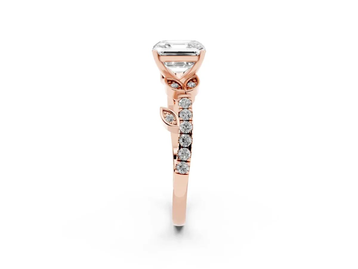 Asscher Cut Solitaire Leaf-Inspired Diamond Ring with Pavé Band and Four-Prong Setting Rose gold