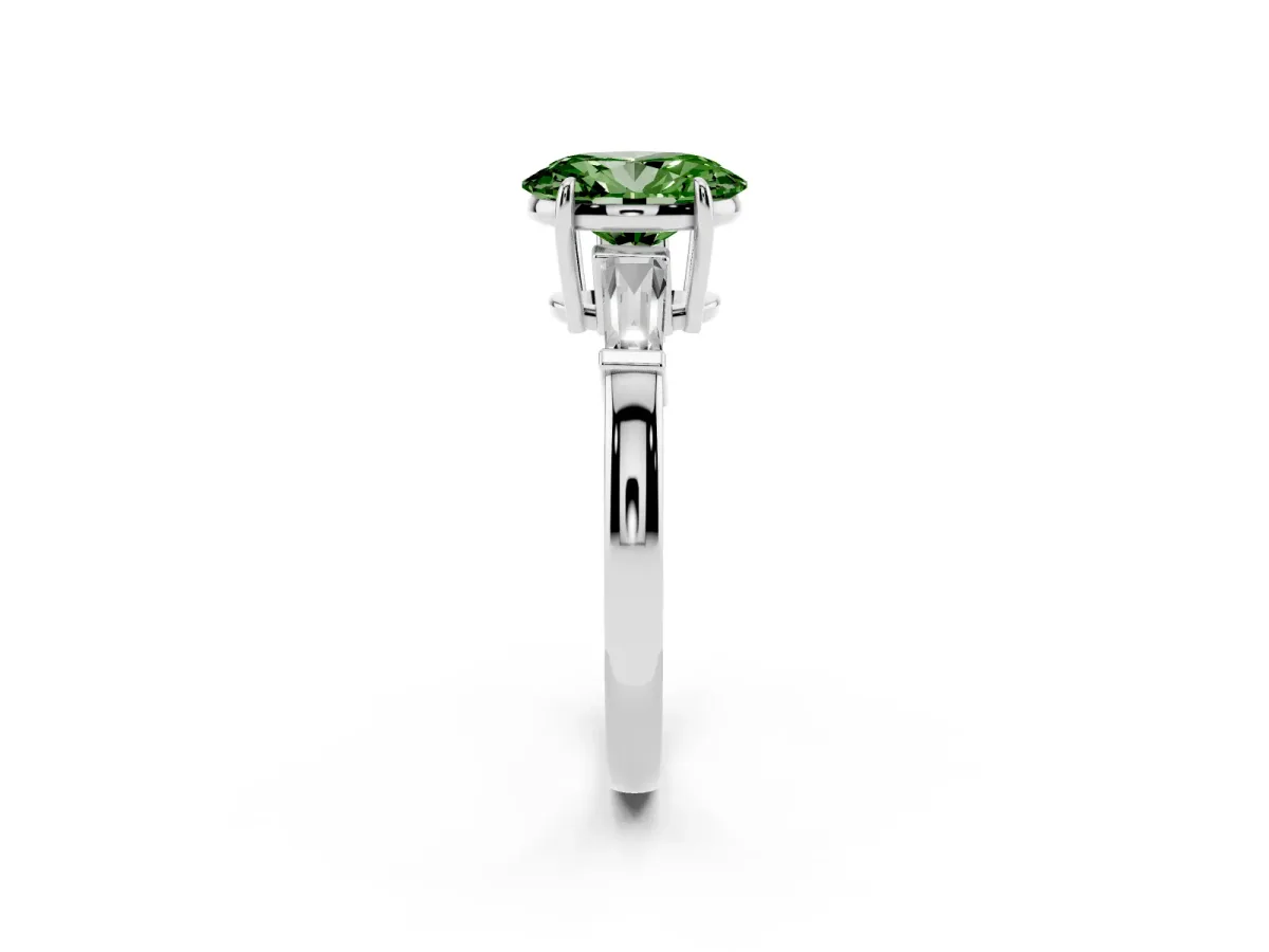 Fancy Green Oval Cut Diamond Three-Stone Ring with Tapered Baguette Side Stones and Prong Setting White gold