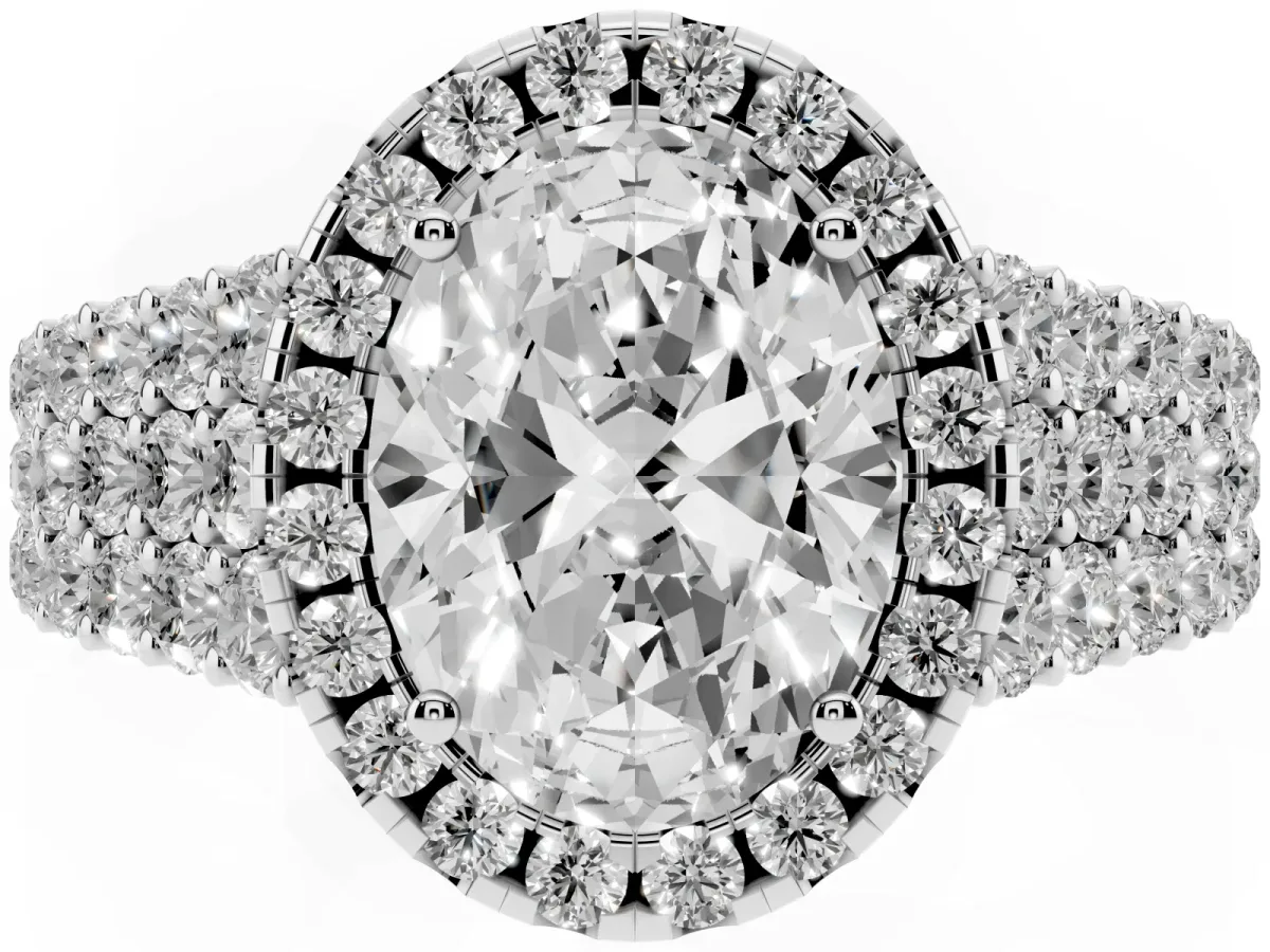 Oval Cut Diamond Halo Engagement Ring with Triple Row Round Pavé Band and Prong Setting Platinum