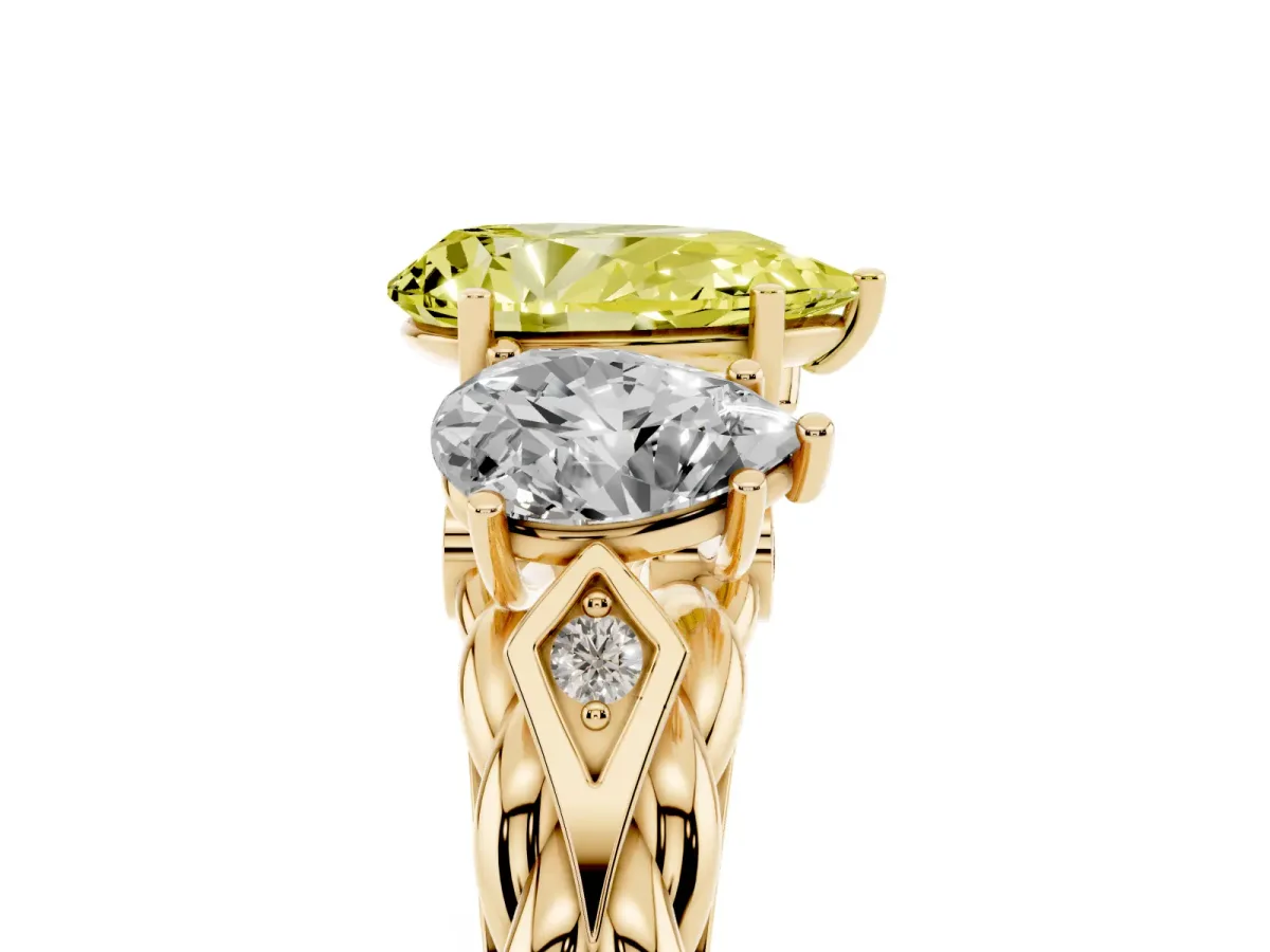 Fancy Yellow Three-Stone Pear Cut Diamond Braided Band Ring with Four-Prong Setting Yellow gold