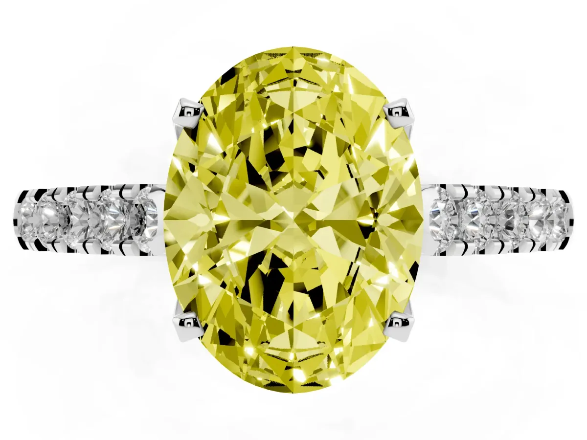 Fancy Yellow Oval Cut Diamond Pavé Band Solitaire Ring with Prong Setting Silver