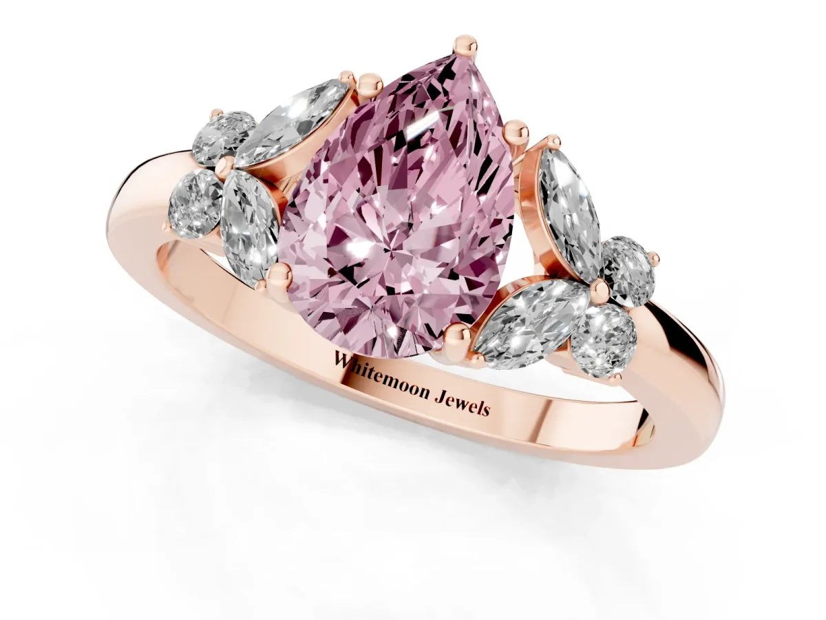 Fancy Pink Pear Cut Cut Solitaire Floral Diamond Ring with Four-Prong Setting Rose gold