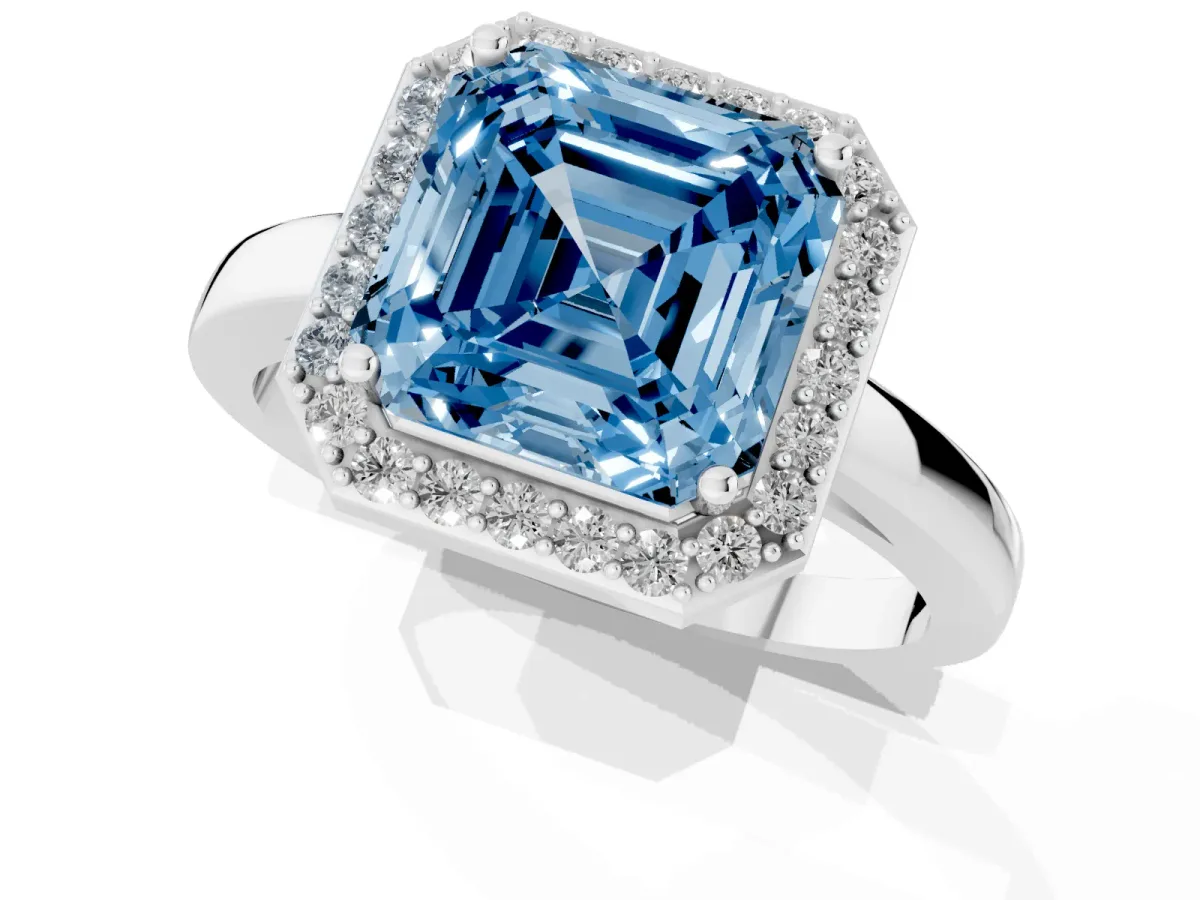 Fancy Blue Asscher Cut Halo Diamond Ring with Solitaire Band and Prong Setting Silver