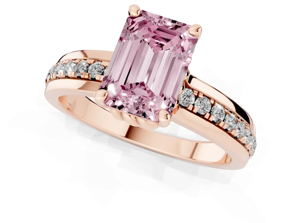Fancy Pink Emerald Cut Solitaire Diamond Ring with Channel Set Band and Six-Prong Setting Rose gold