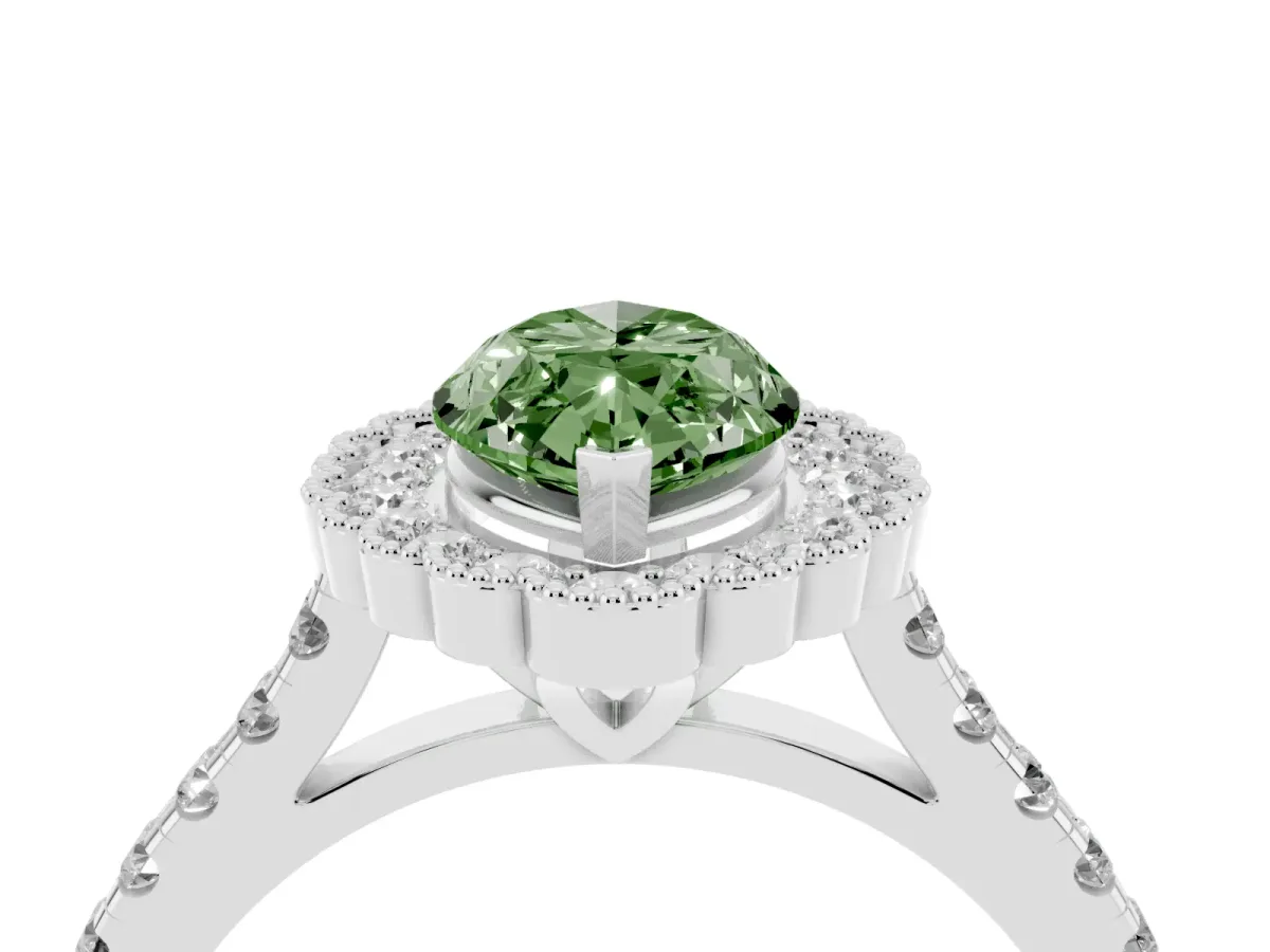 Fancy Green Marquise Cut Cut Diamond Milgrain Floral Halo Engagement Ring with Pavé Band White gold