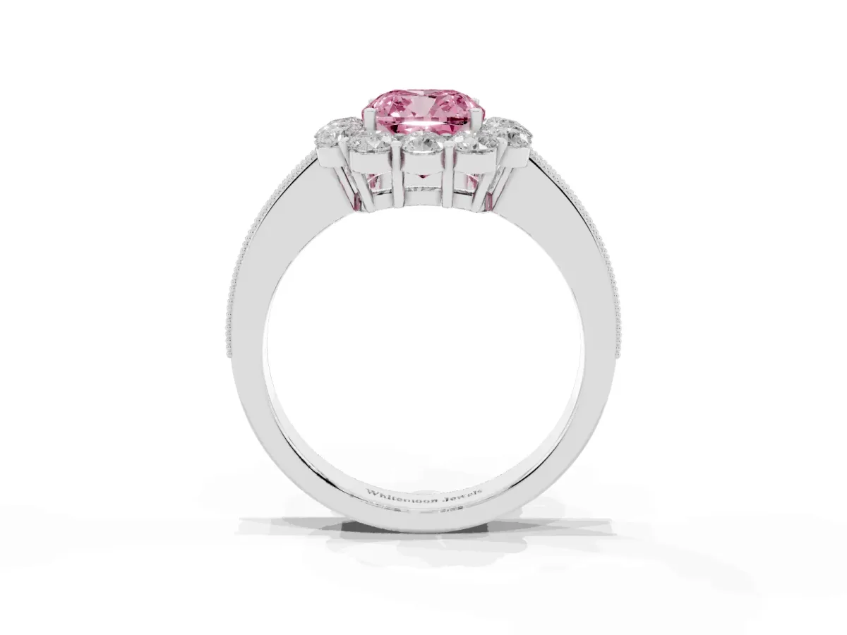 Fancy Pink Cushion Cut Cut Halo Diamond Pavé Engagement Ring with Milgrain Detailing Silver