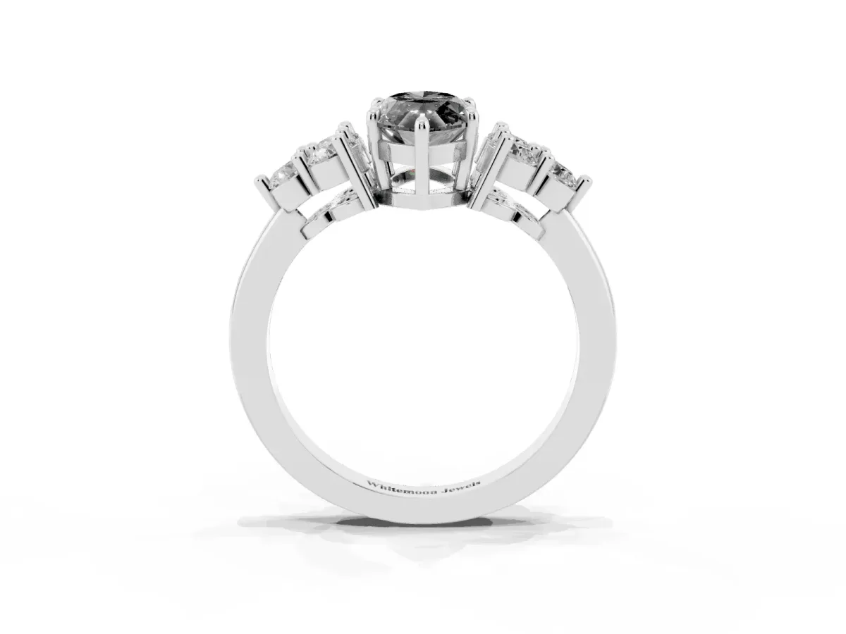 Fancy Black Marquise Cut Brilliant Diamond Cluster Accent Solitaire Ring with Prong Setting Silver