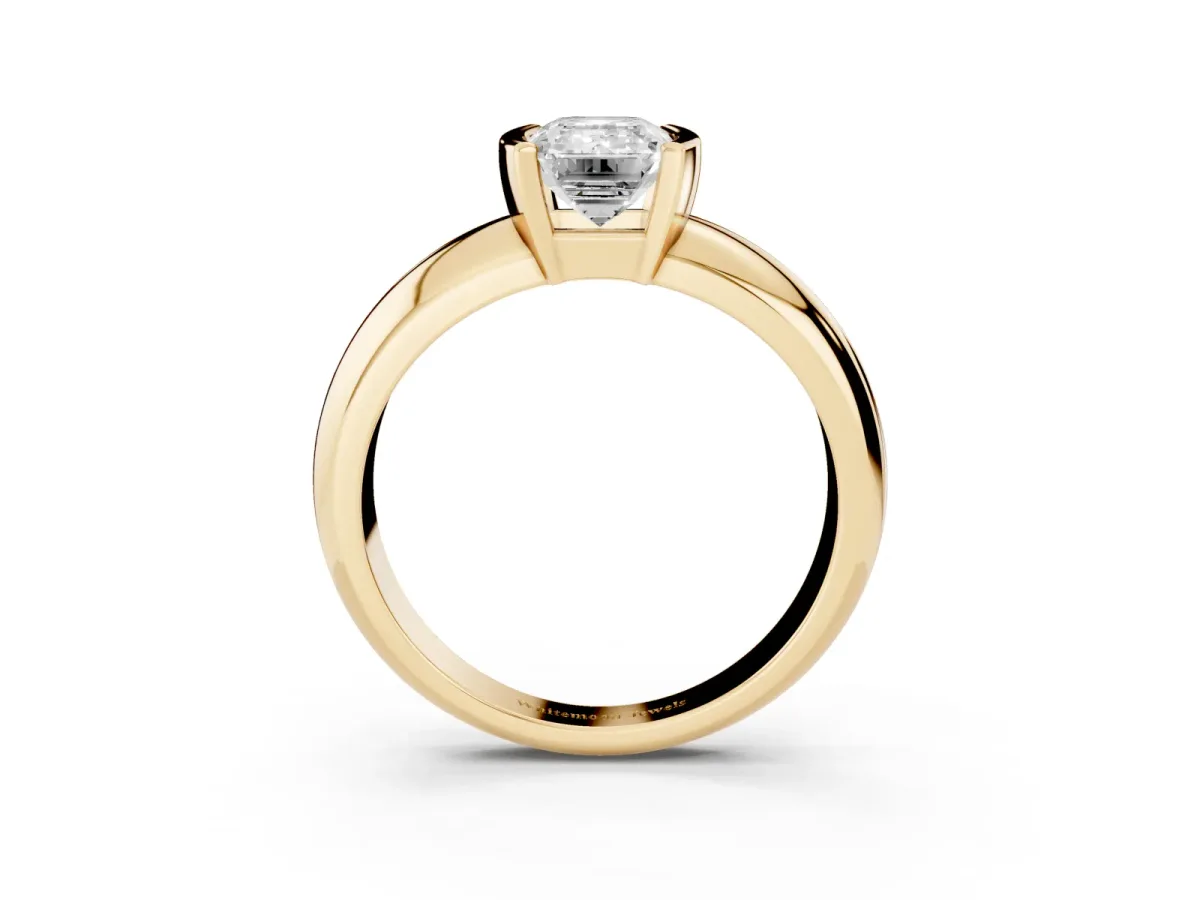Emerald Cut Solitaire Tension Set Diamond Ring with Wide Band Yellow gold
