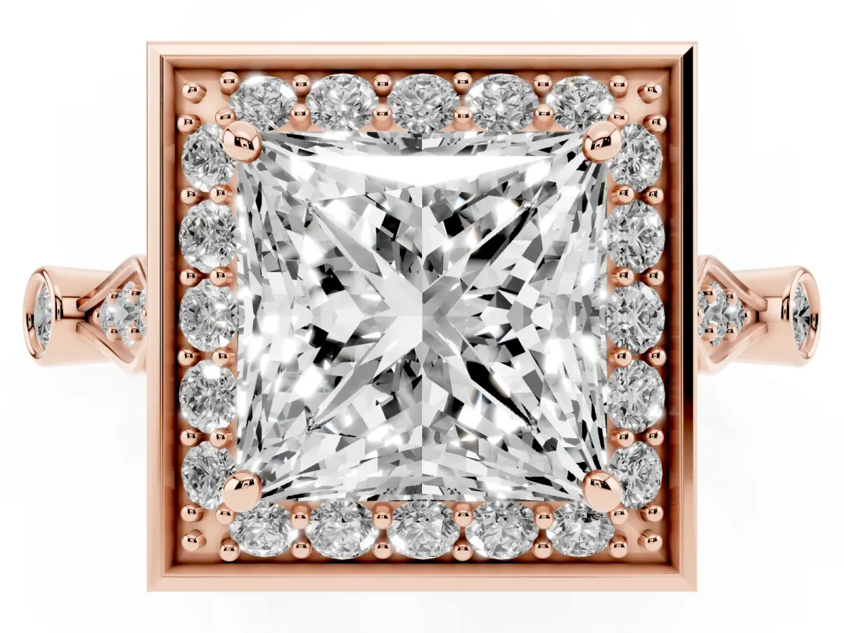 Princess Cut Halo Diamond Engagement Ring with Twisted Band and Four-Prong Setting Rose gold