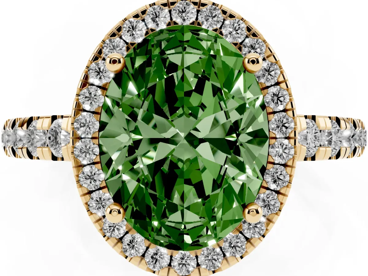 Fancy Green Oval Cut Diamond Halo Ring with Pavé Band and Four-Prong Setting Yellow gold