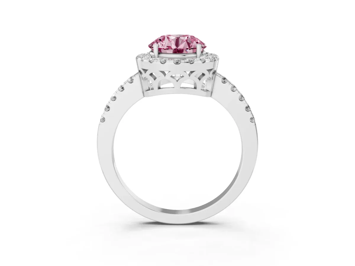 Fancy Pink Round Cut Halo Diamond Engagement Ring with Pavé Band and Four-Prong Setting Platinum