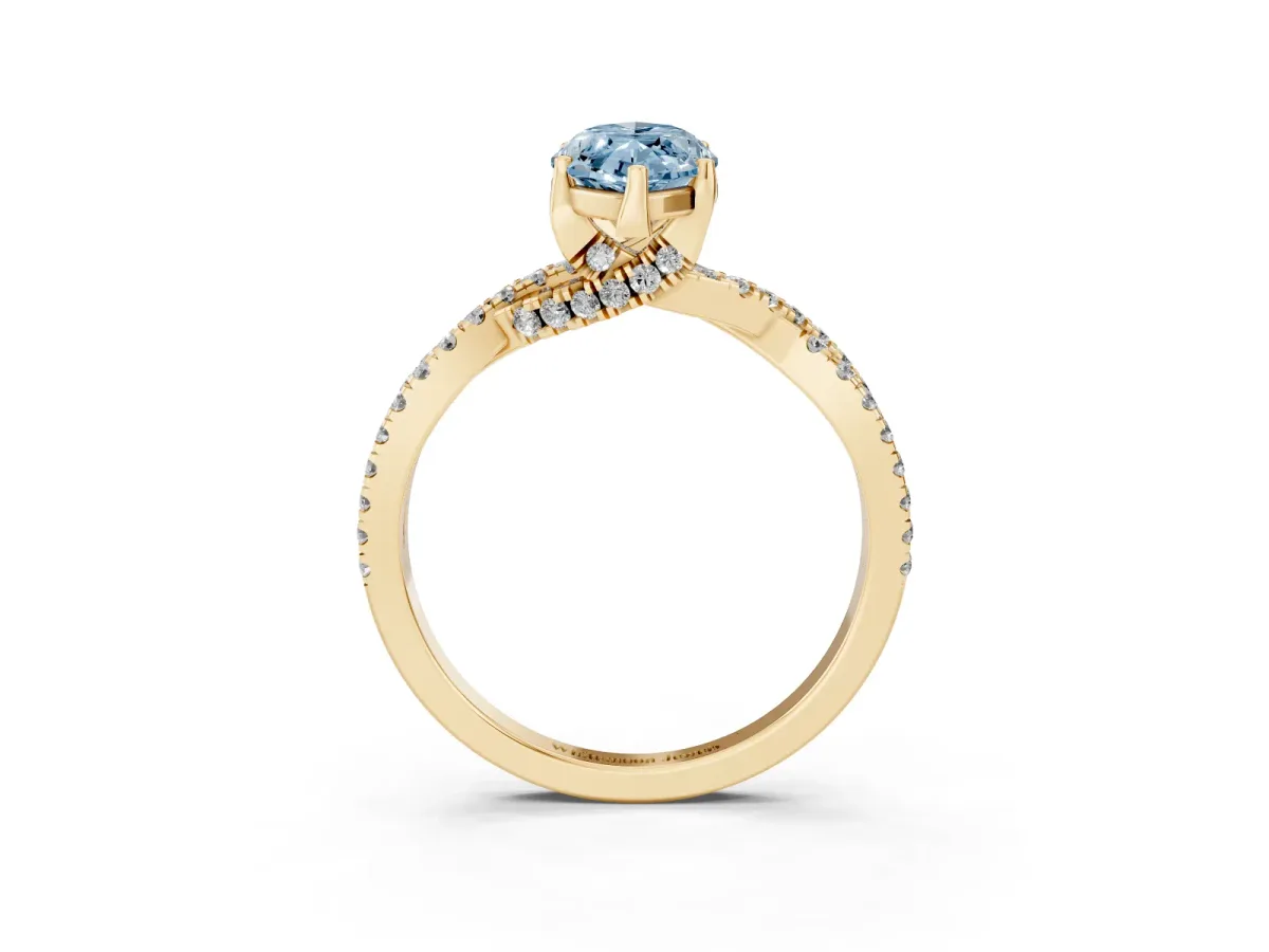 Fancy Blue Marquise Cut Solitaire Twist Pave Diamond Engagement Ring with Prong Setting Yellow gold