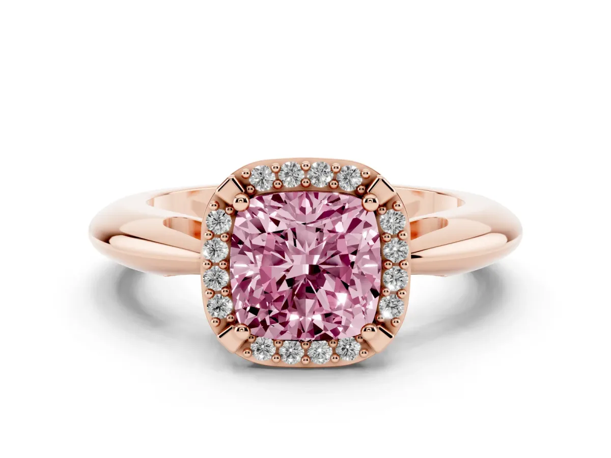 Fancy Pink Cushion Cut Cut Diamond Halo Engagement Ring with Split Shank and Four-Prong Setting Rose gold