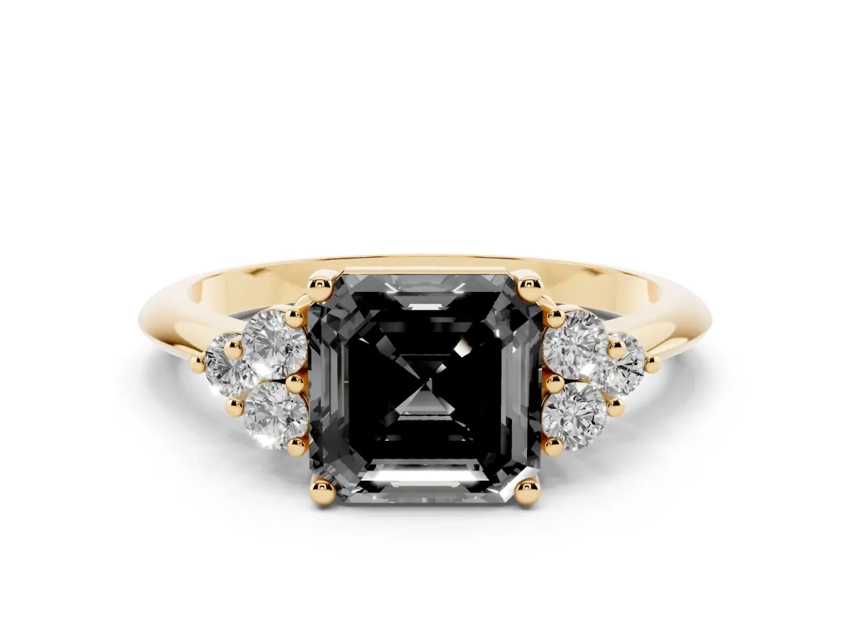 Fancy Black Asscher Cut Cut Diamond Cluster Ring with Solitaire Band and Four-Prong Setting Yellow gold
