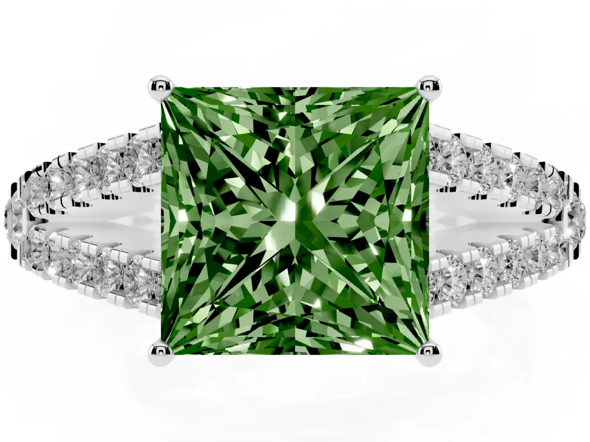 Fancy Green Princess Cut Diamond Split Shank Engagement Ring with Round Pavé and Prong Setting Silver