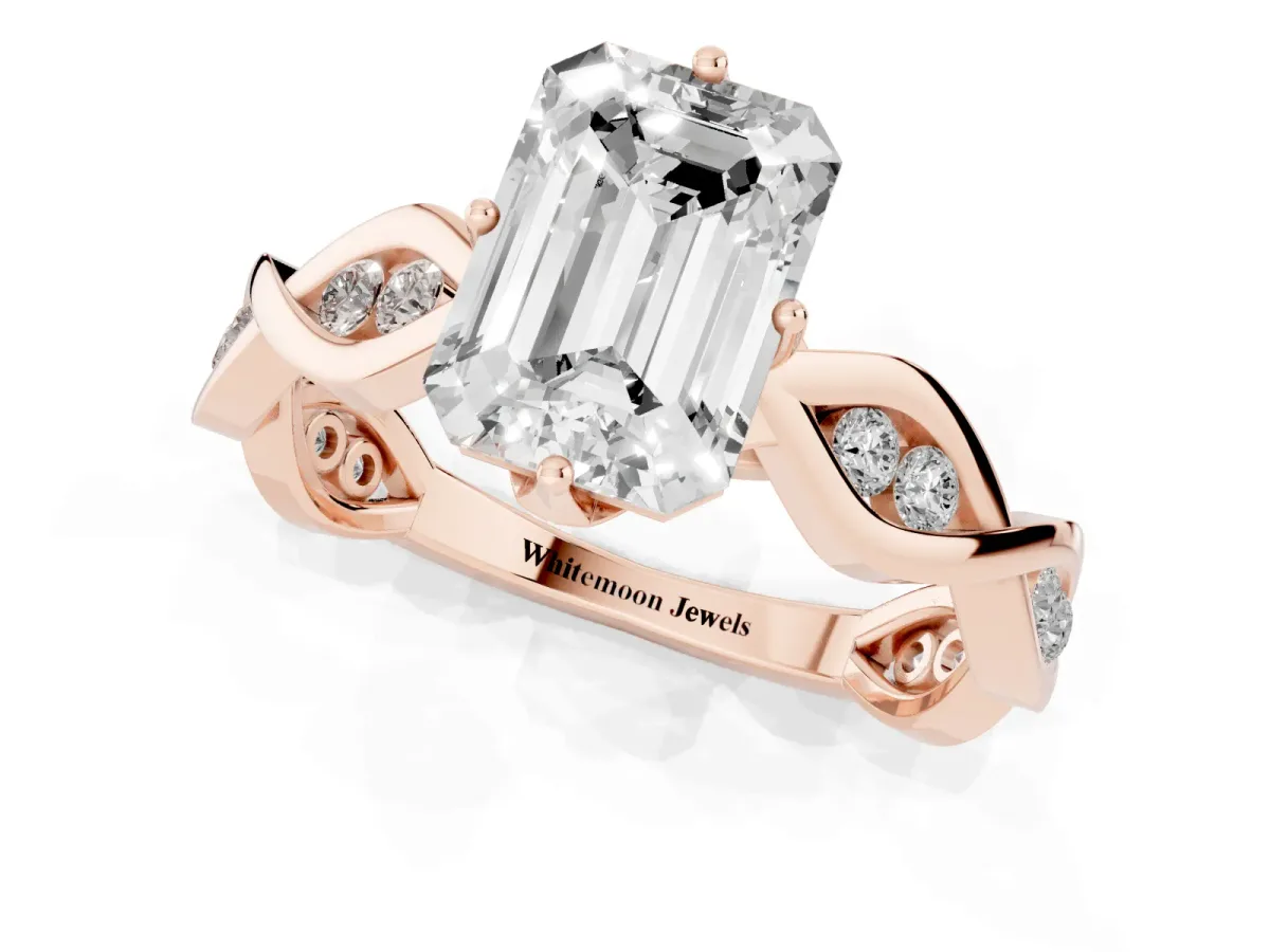 Emerald Cut Solitaire Twist Band with Leaf Prong Setting Rose gold