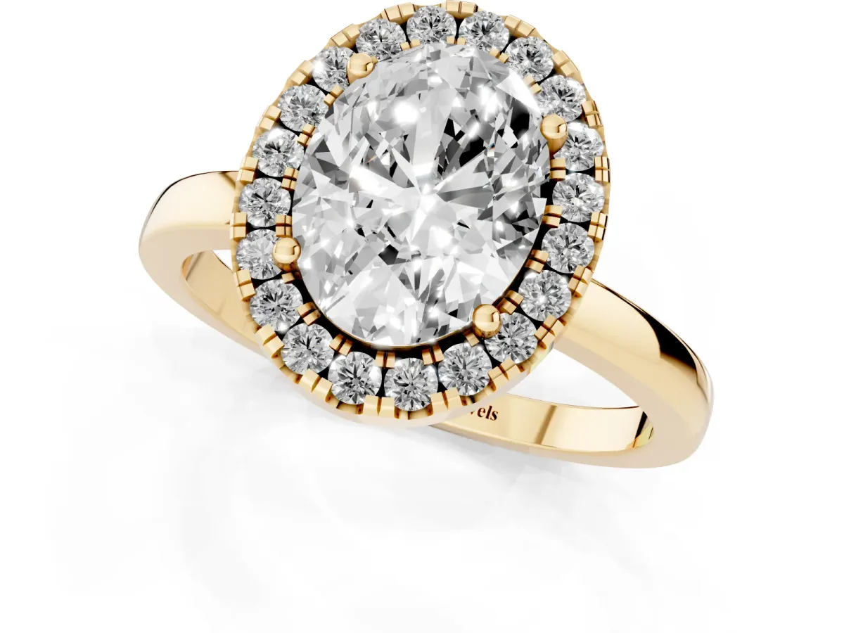 Oval Cut Halo Diamond Solitaire with Pavé Band and Four-Prong Setting Yellow gold