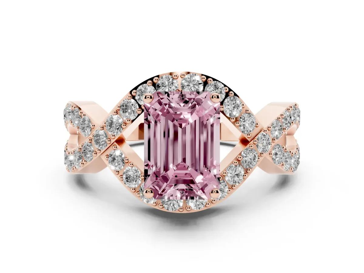 Fancy Pink Emerald Cut Solitaire Twist Band Pavé Diamond Engagement Ring Rose gold