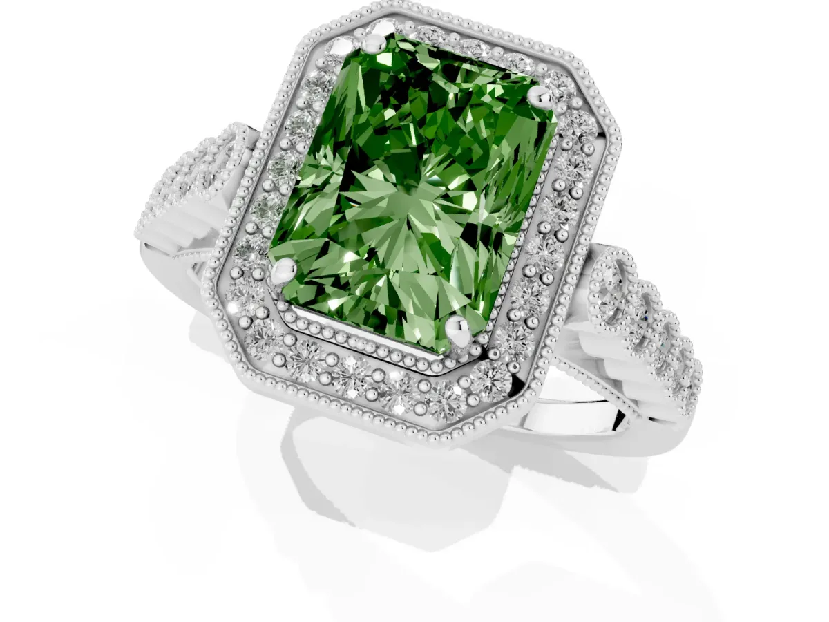Fancy Green Radiant Cut Halo Milgrain Solitaire with Bezel Set Side Stones and Pave Band Silver