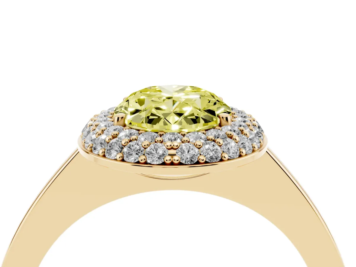 Fancy Yellow Oval Cut Halo Diamond Engagement Ring with Solitaire Band and Four-Prong Setting Yellow gold