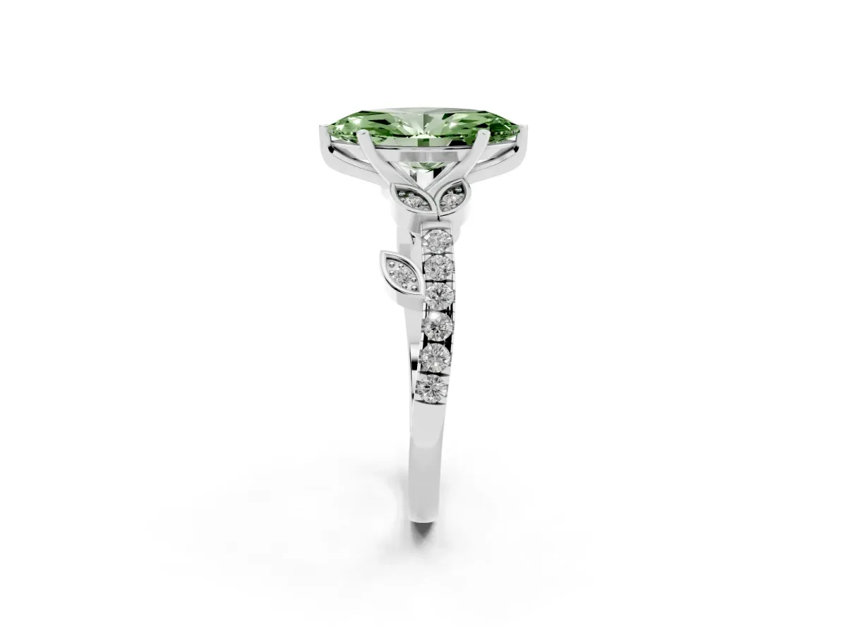 Fancy Green Marquise Cut Solitaire Leaf-Inspired Diamond Ring with Pavé Band and Four-Prong Setting Silver