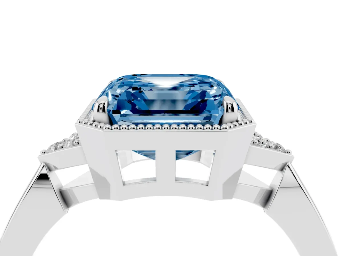 Fancy Blue Asscher Cut Diamond Halo Ring with Tapered Band and Four-Prong Setting White gold