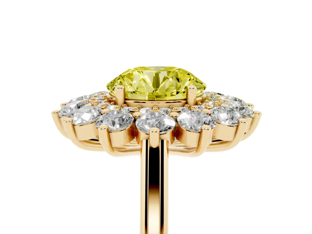 Fancy Yellow Round Cut Diamond Floral Double Halo Engagement Ring with Prong Setting Yellow gold