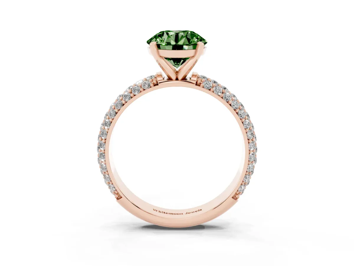 Fancy Green Round Cut Diamond Solitaire Ring with Prong Setting and Pavé Band Rose gold
