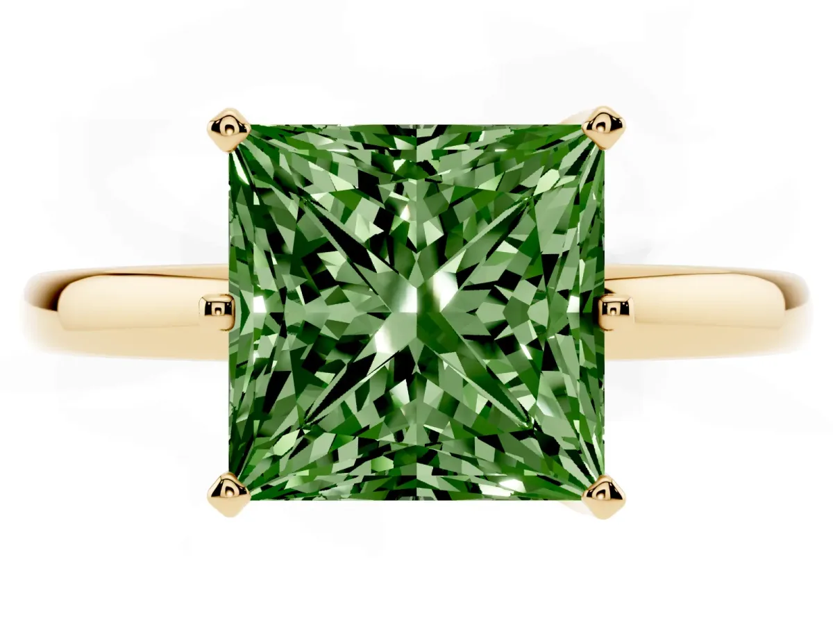 Fancy Green Princess Cut Solitaire Diamond Ring with Six-Prong Setting on a Classic Band Yellow gold