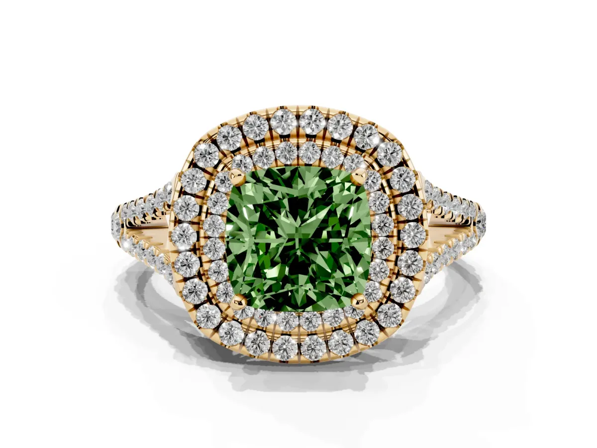 Fancy Green Cushion Cut Diamond Double Halo Ring with Pavé Band and Prong Setting Yellow gold