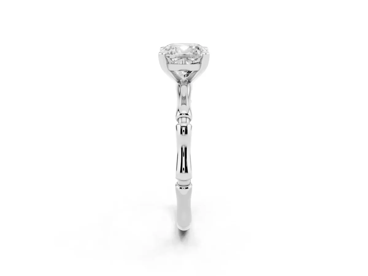 Cushion Cut Solitaire Diamond Ring with Bamboo Band and Four-Prong Setting Silver