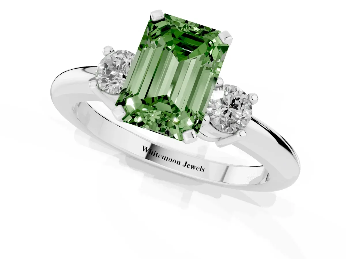 Fancy Green Three-Stone Emerald Cut Cut Diamond Solitaire with Prong Setting and Classic Band Silver