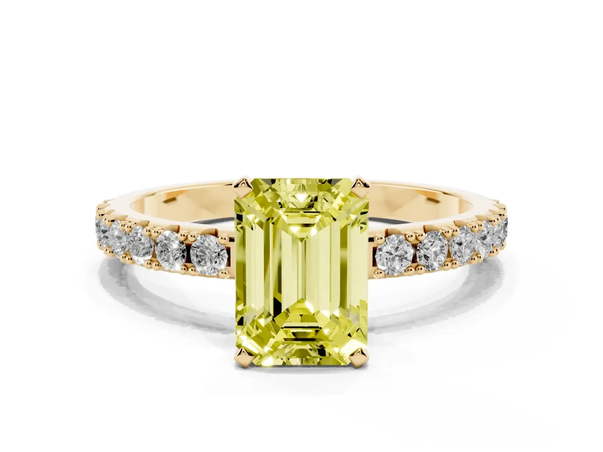 Fancy Yellow Emerald Cut Diamond Solitaire Pavé Band with Four-Prong Setting Yellow gold