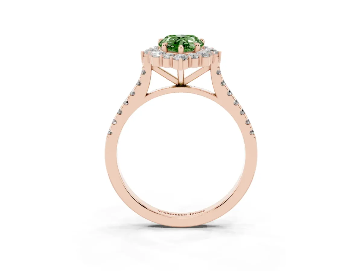 Fancy Green Pear Cut Halo Diamond Ring with Pavé Band and Prong Setting Rose gold