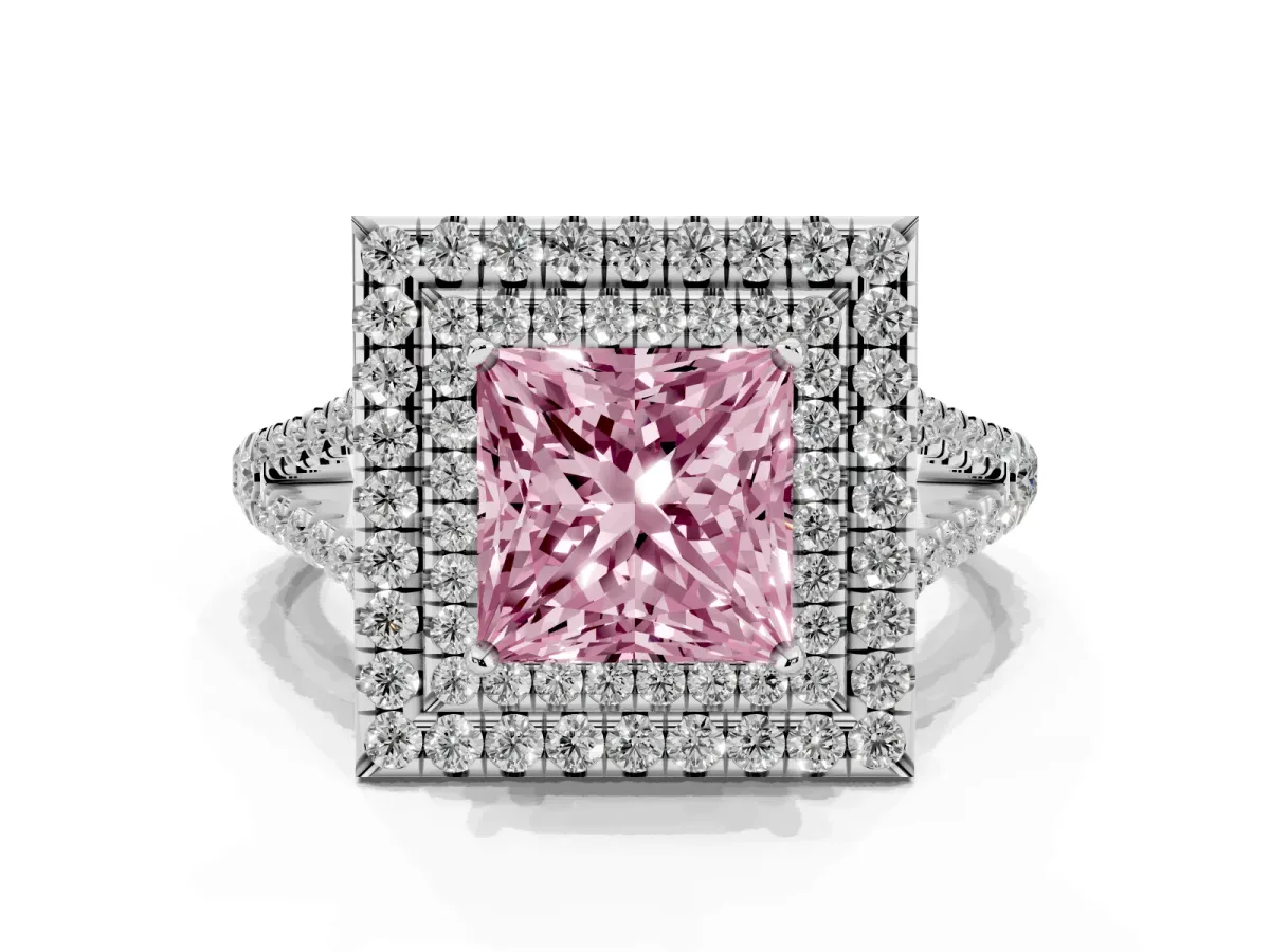 Fancy Pink Princess Cut Diamond Double Halo Ring with Pavé Band and Prong Setting Silver