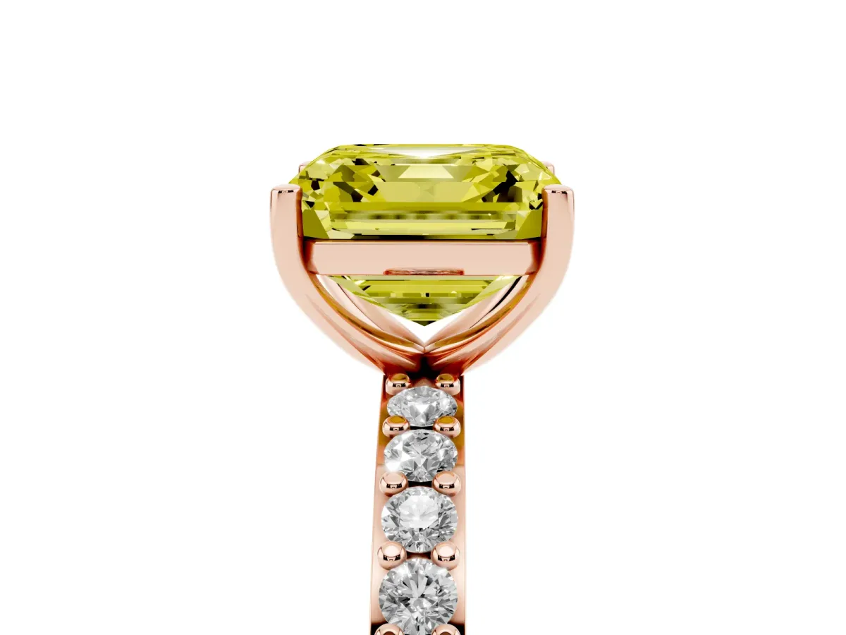 Fancy Yellow Asscher Cut Cut Diamond Solitaire with Pave Band and Four-Prong Setting Rose gold