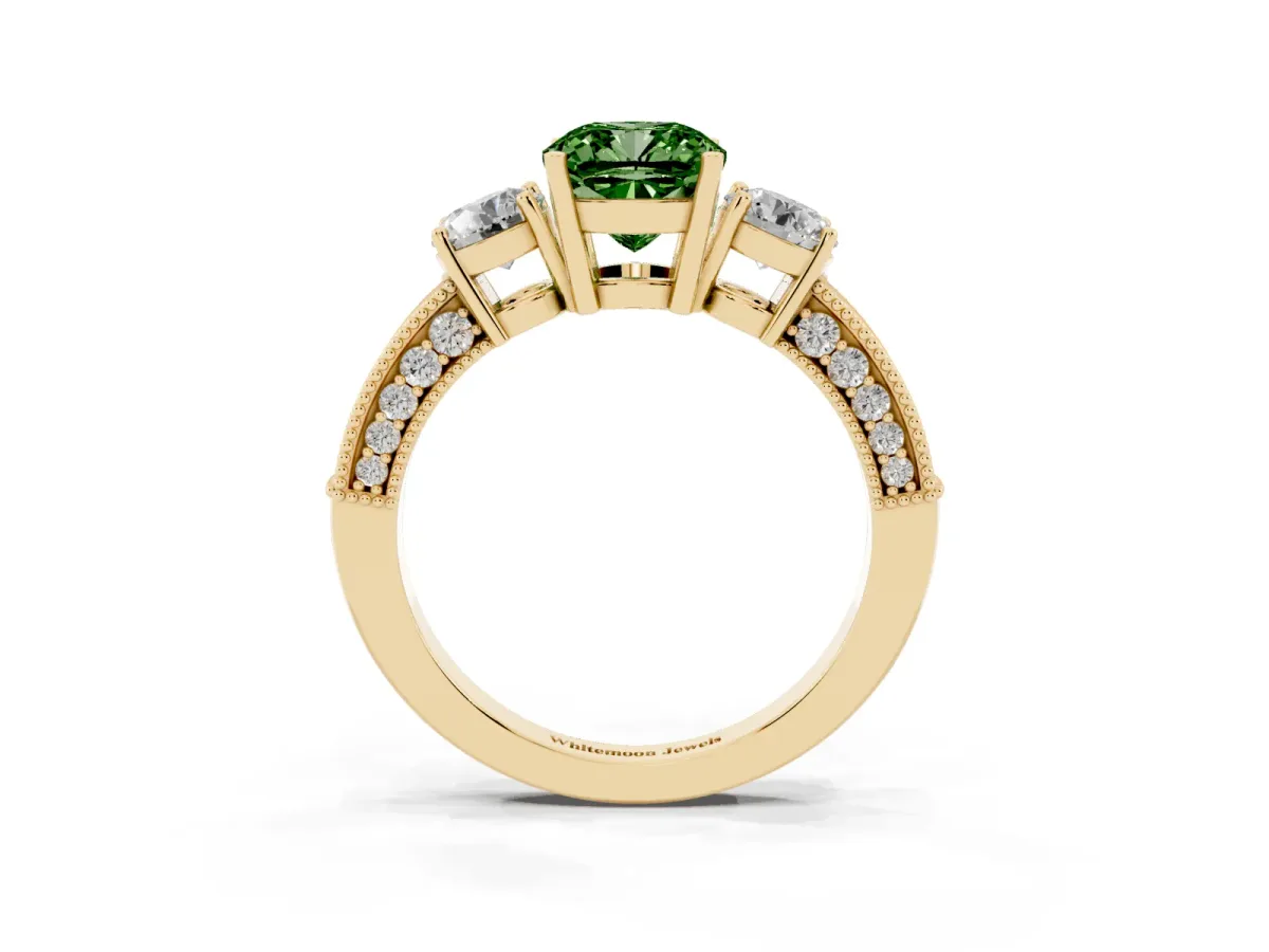 Fancy Green Cushion Cut Three-Stone Diamond Ring with Pavé Band and Four-Prong Setting Yellow gold