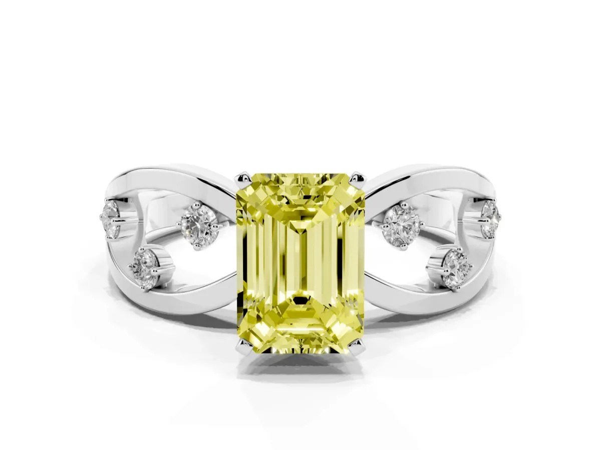 Fancy Yellow Emerald Cut Cut Solitaire Diamond with Side Stones on Criss-Cross Band and Four-Prong Setting Silver