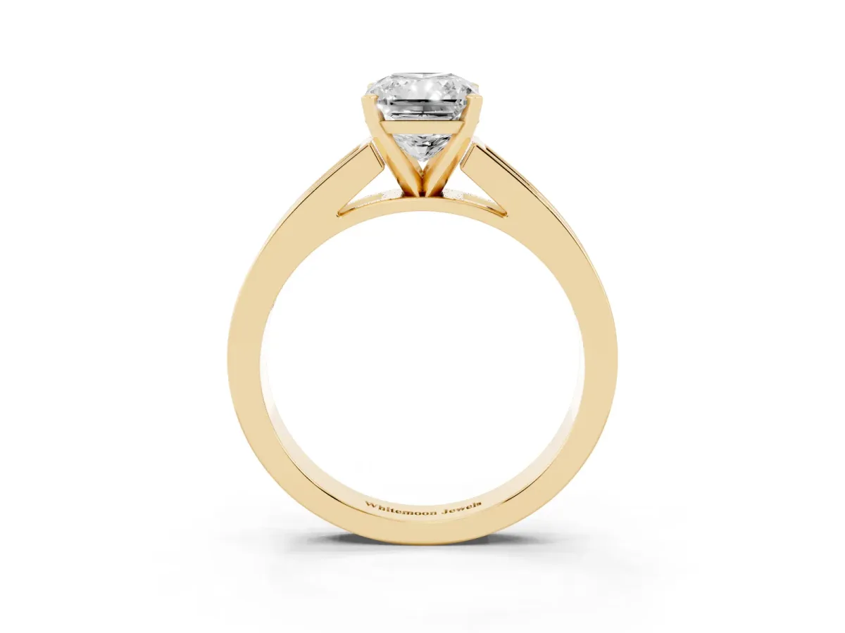 Radiant Cut Solitaire Diamond Ring with Channel-Set Band and Four-Prong Setting Yellow gold