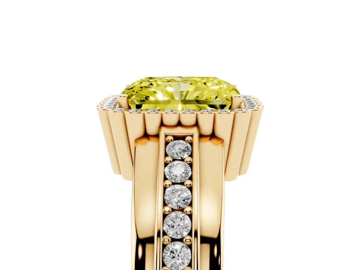 Fancy Yellow Radiant Cut Cut Halo Pave Band Four-Prong Ring Yellow gold
