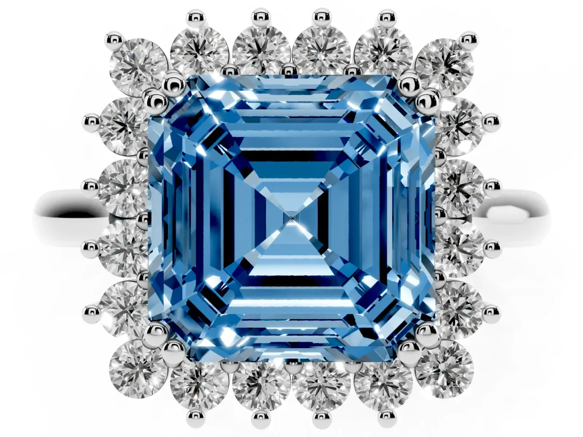 Fancy Blue Asscher Cut Cut Diamond Halo Ring with Solitaire Band and Prong Setting Platinum
