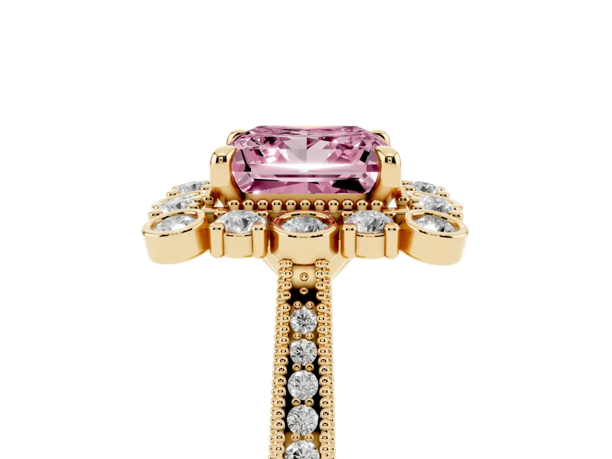 Fancy Pink Princess Cut Halo Milgrain Pave Diamond Ring with Four-Prong Setting Yellow gold